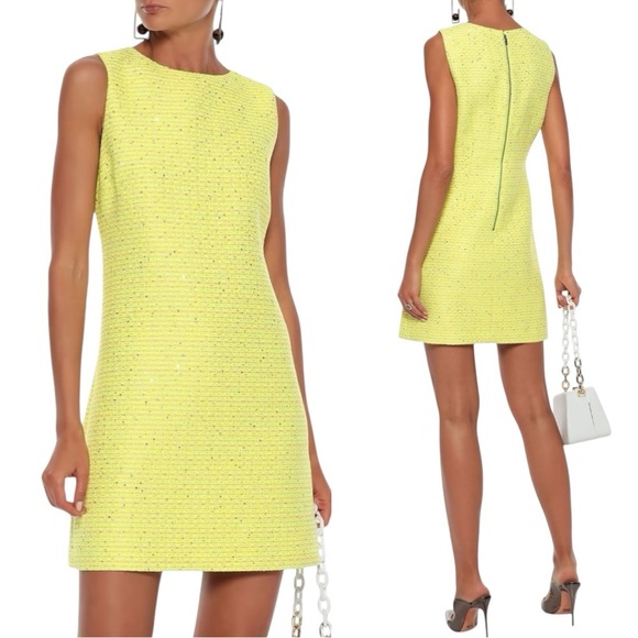 Alice + Olivia Dresses & Skirts - ALICE + OLIVIA Clyde Sequin Embellished Tweed Shift Dress -Neon Yellow -Size 4
